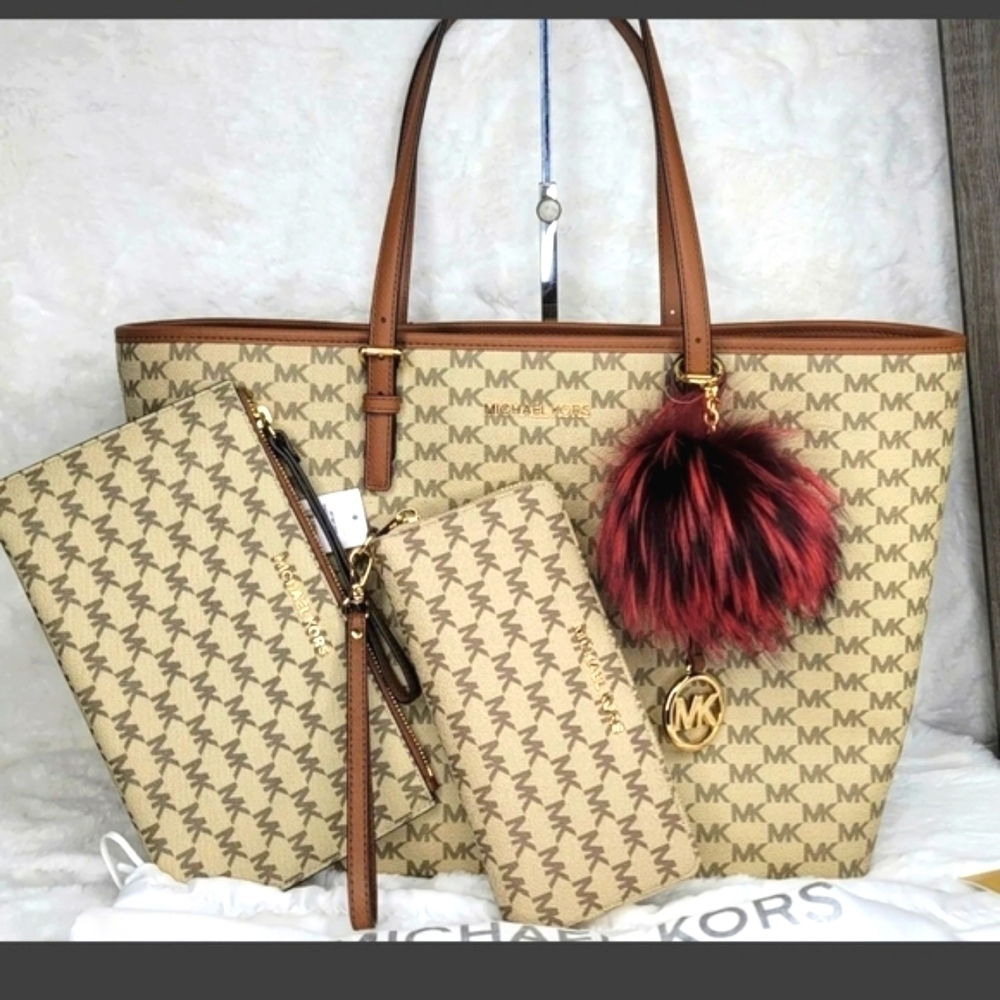 😍 Michael Kors 4 SET Designer Signature Purse Bag Wallet Wristlet Pom NWT